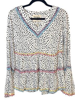 Savanna Jane Polka Dot Blouse with Multicolor Trim, Size S